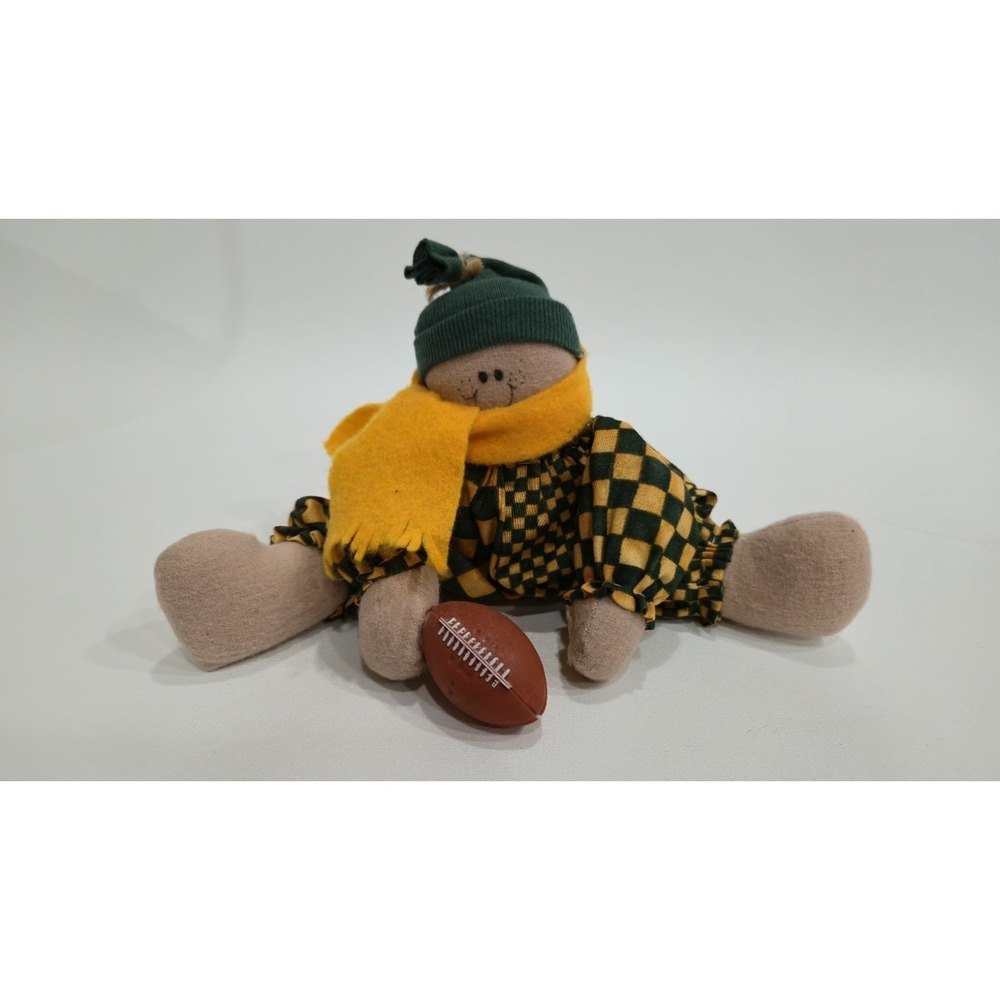 Vtg Green Gold Packers Checkered Plush Doll Football Sports Fan Decor 8in